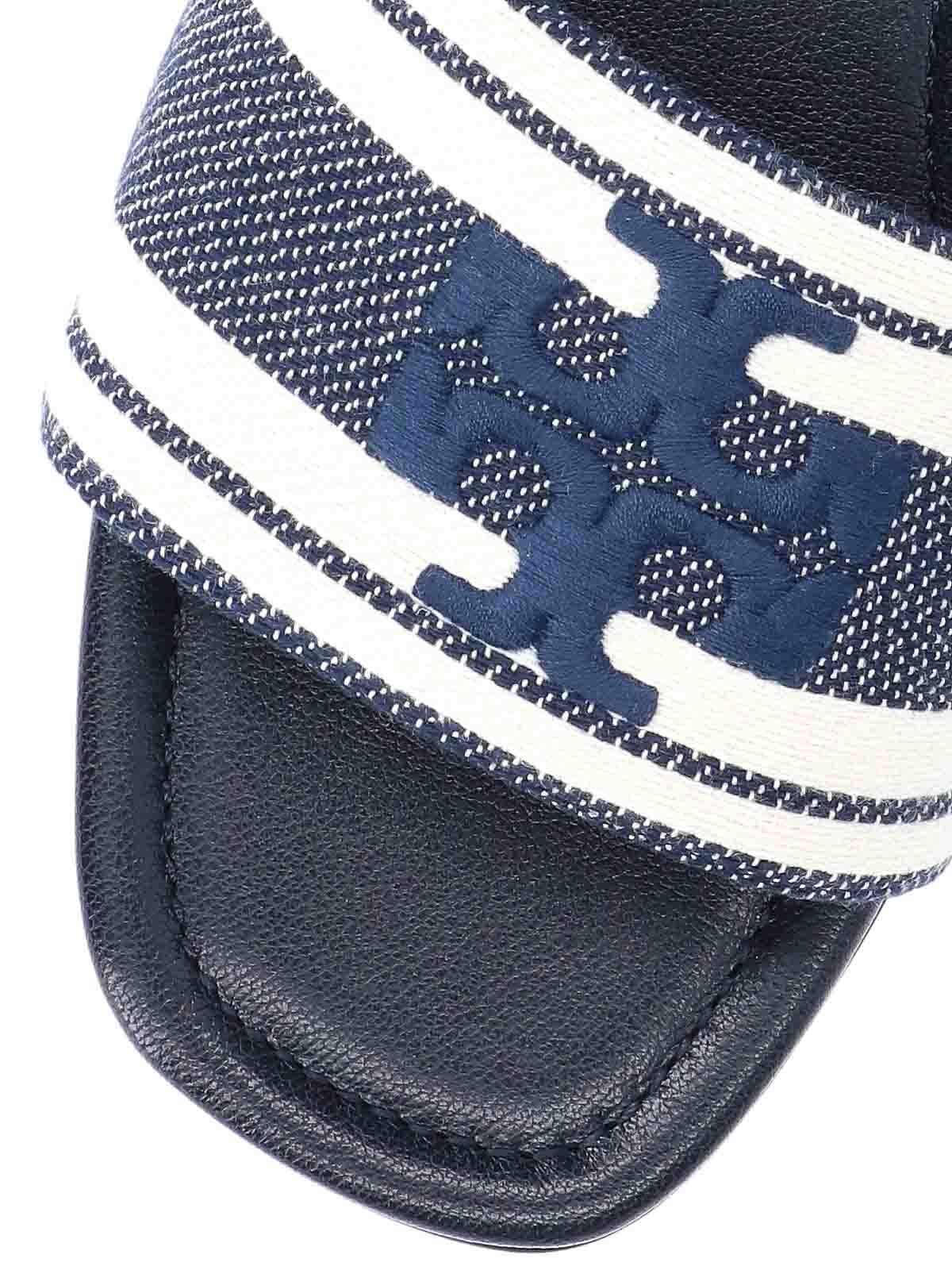TORY BURCH DOUBLE T JACQUARD SLIDE IN BLUE