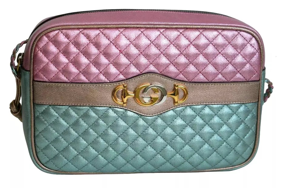 GUCCI QUILTED LEATHER SHOULDER BAG IN PINK AND GREEN