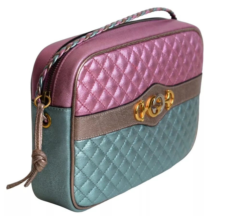 GUCCI QUILTED LEATHER SHOULDER BAG IN PINK AND GREEN