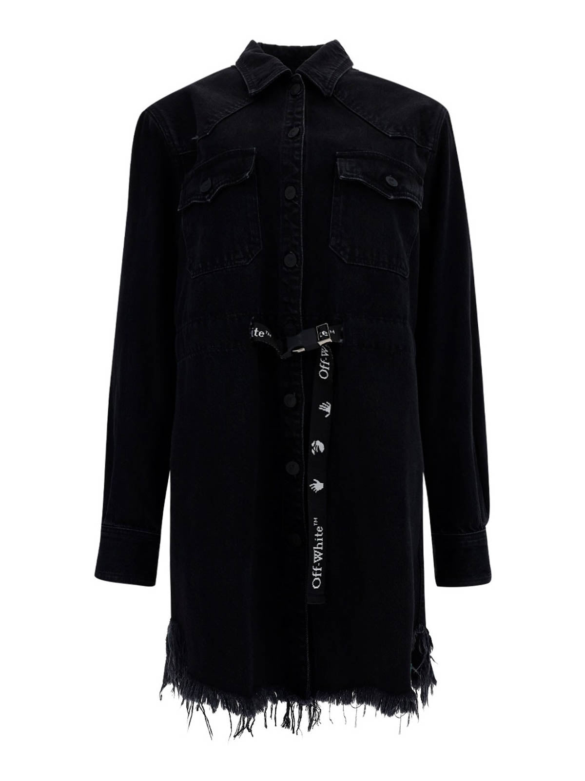 OFF-WHITE FRAYED INDUSTRIAL BELTED DENIM DRESS IN BLACK AND GREEN