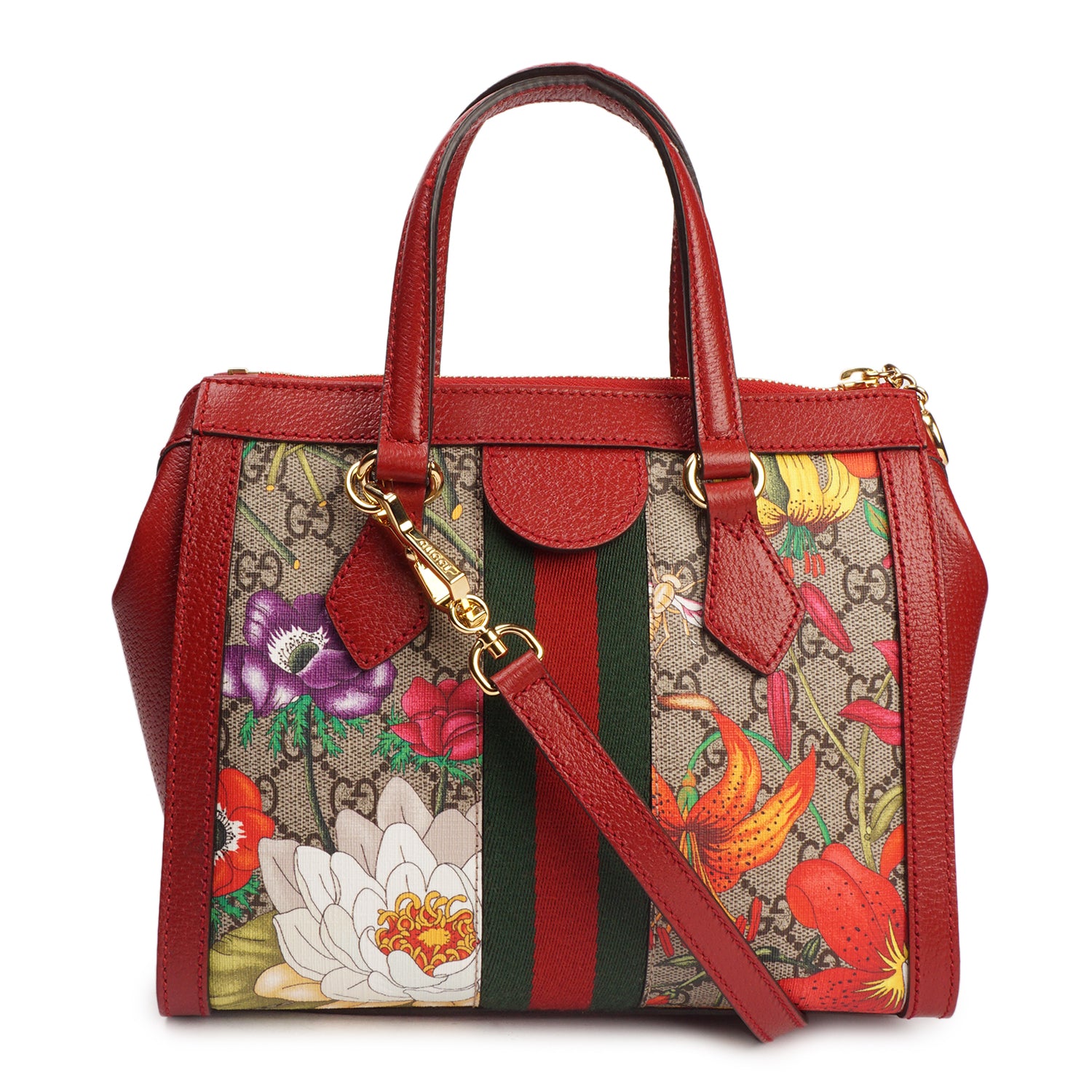 GUCCI OPHIDIA GG FLORA SMALL TOTE BAG IN RED