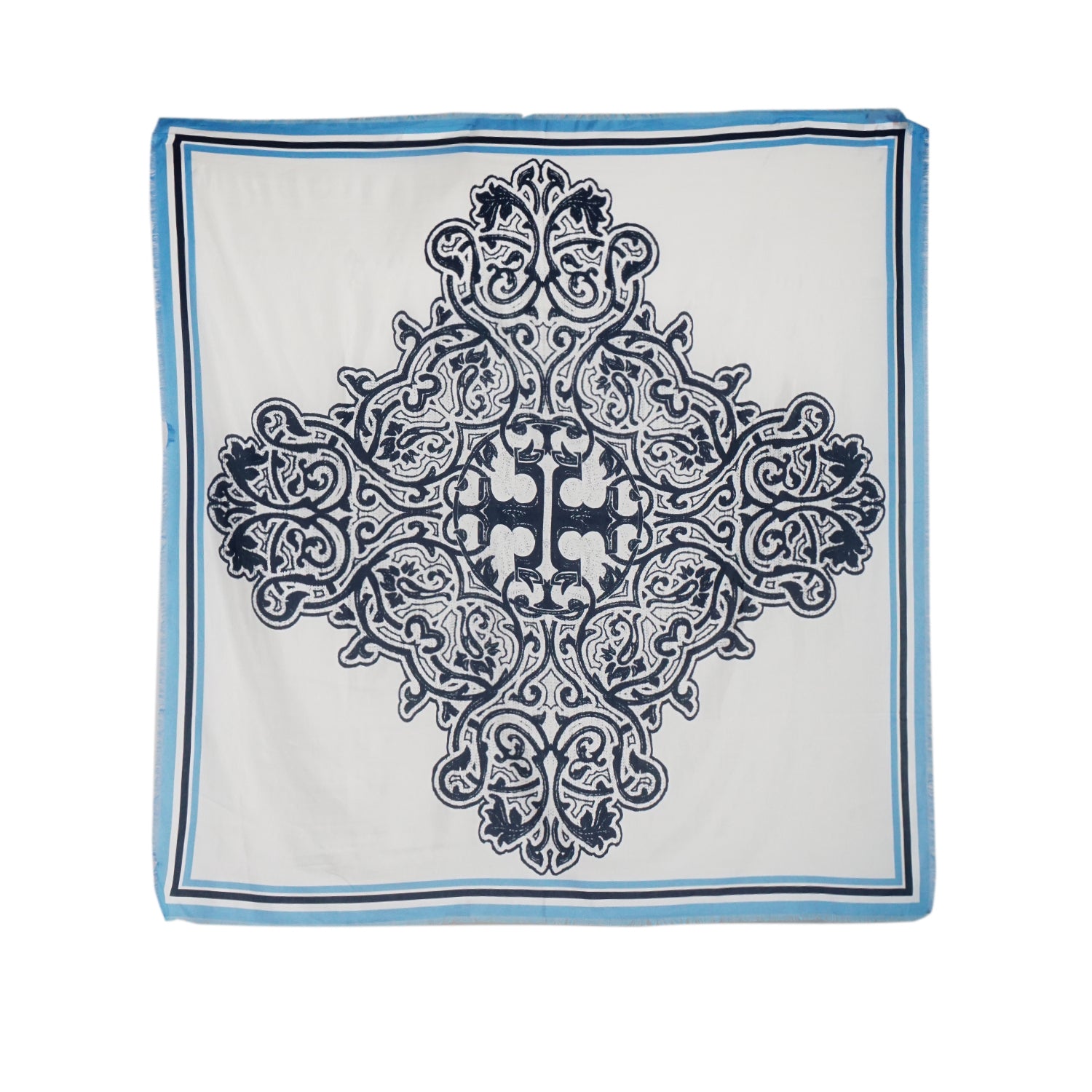 TORY BURCH PRINTED LOGO OVER-SIZED SQUARE SCARF IN BLUE