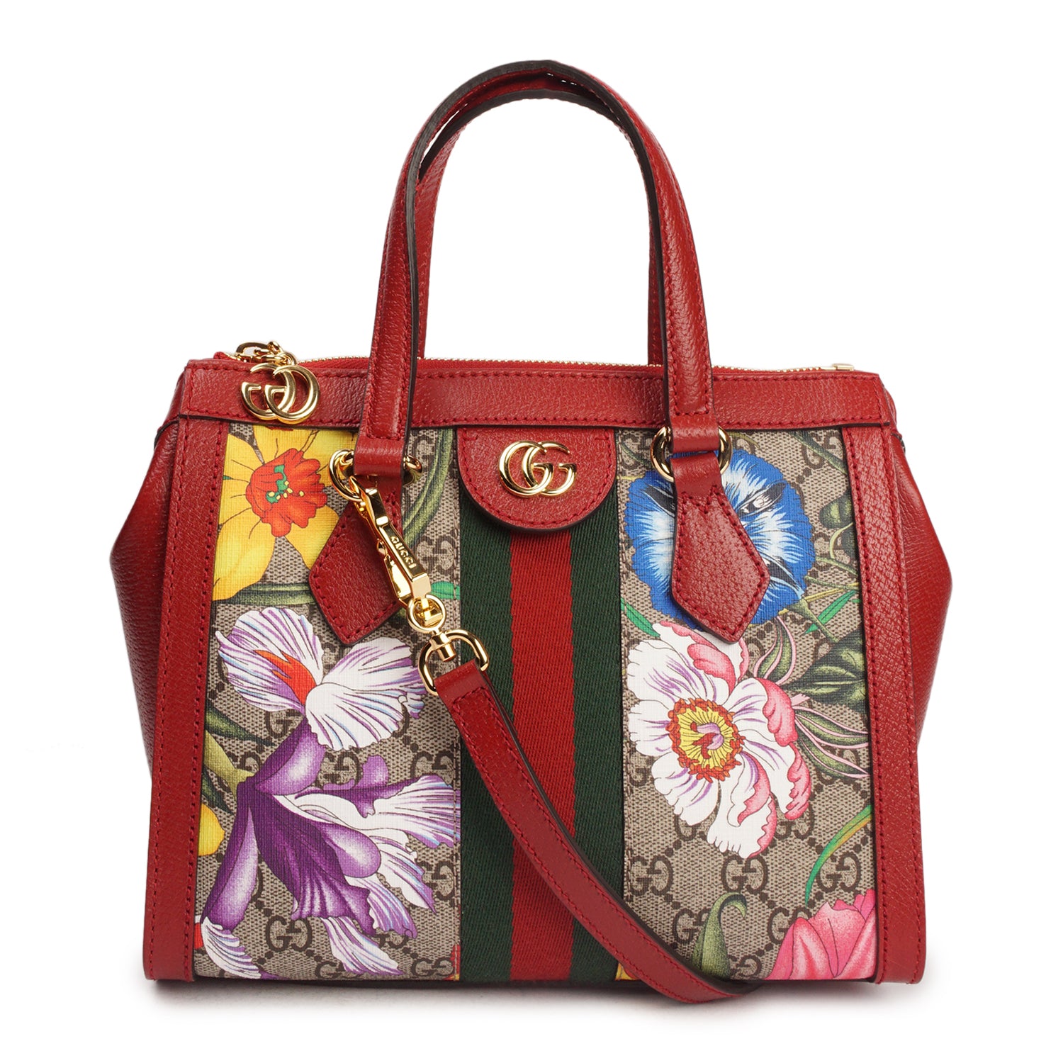 GUCCI OPHIDIA GG FLORA SMALL TOTE BAG IN RED