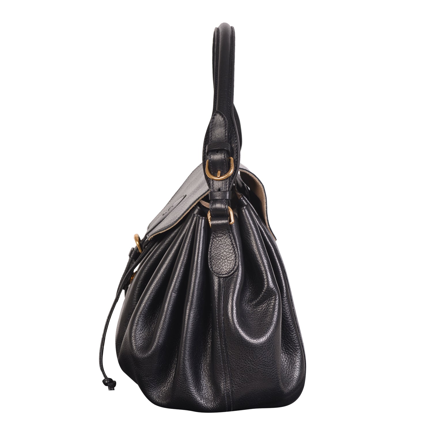 NEW IL BISONTE WOMEN'S CURLY COLLECTION SHOULDER BAG IN BLACK LEATHER