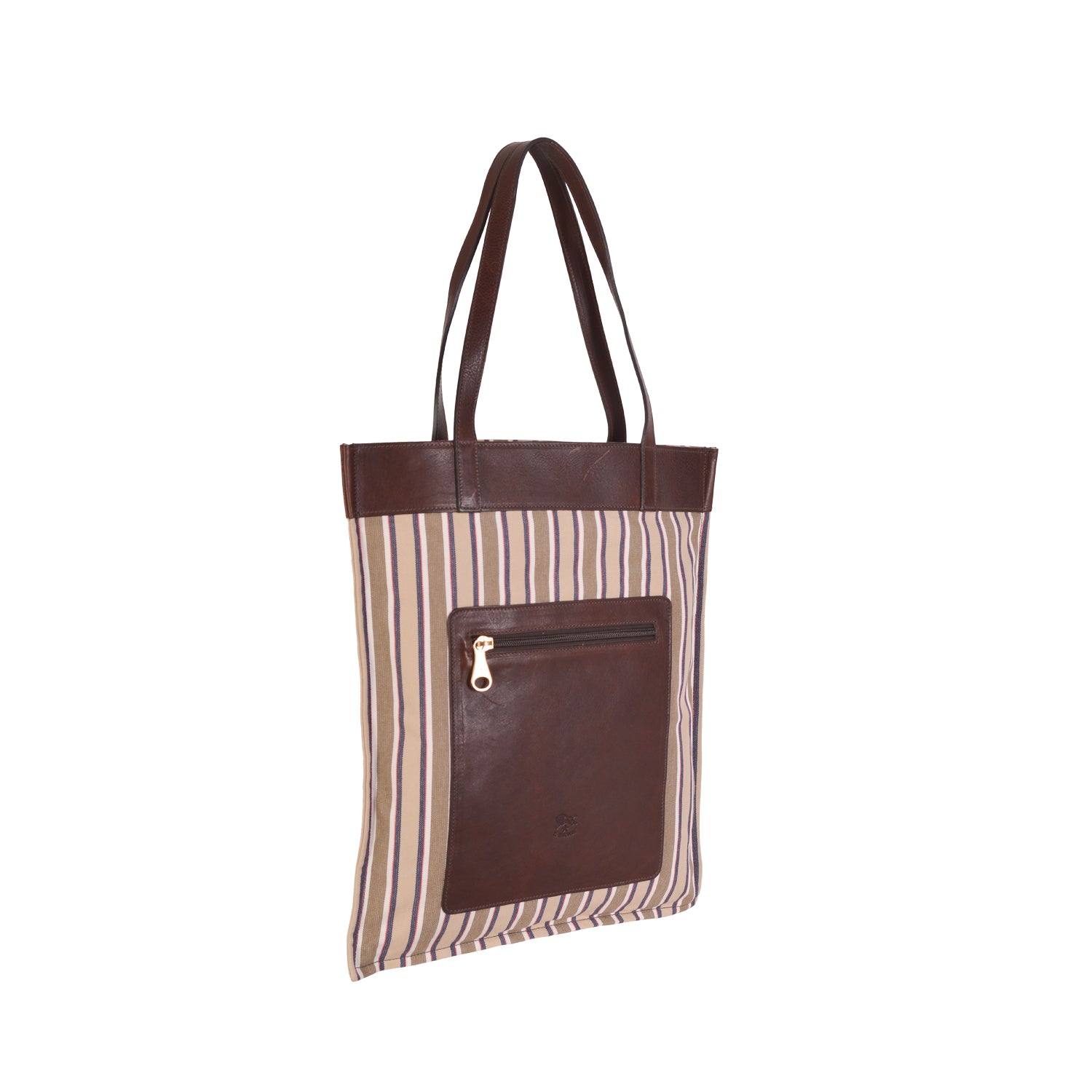 NEW IL BISONTE WOMEN'S FLAT TOTE BAG  IN BROWN STRIPED COTTON CANVAS