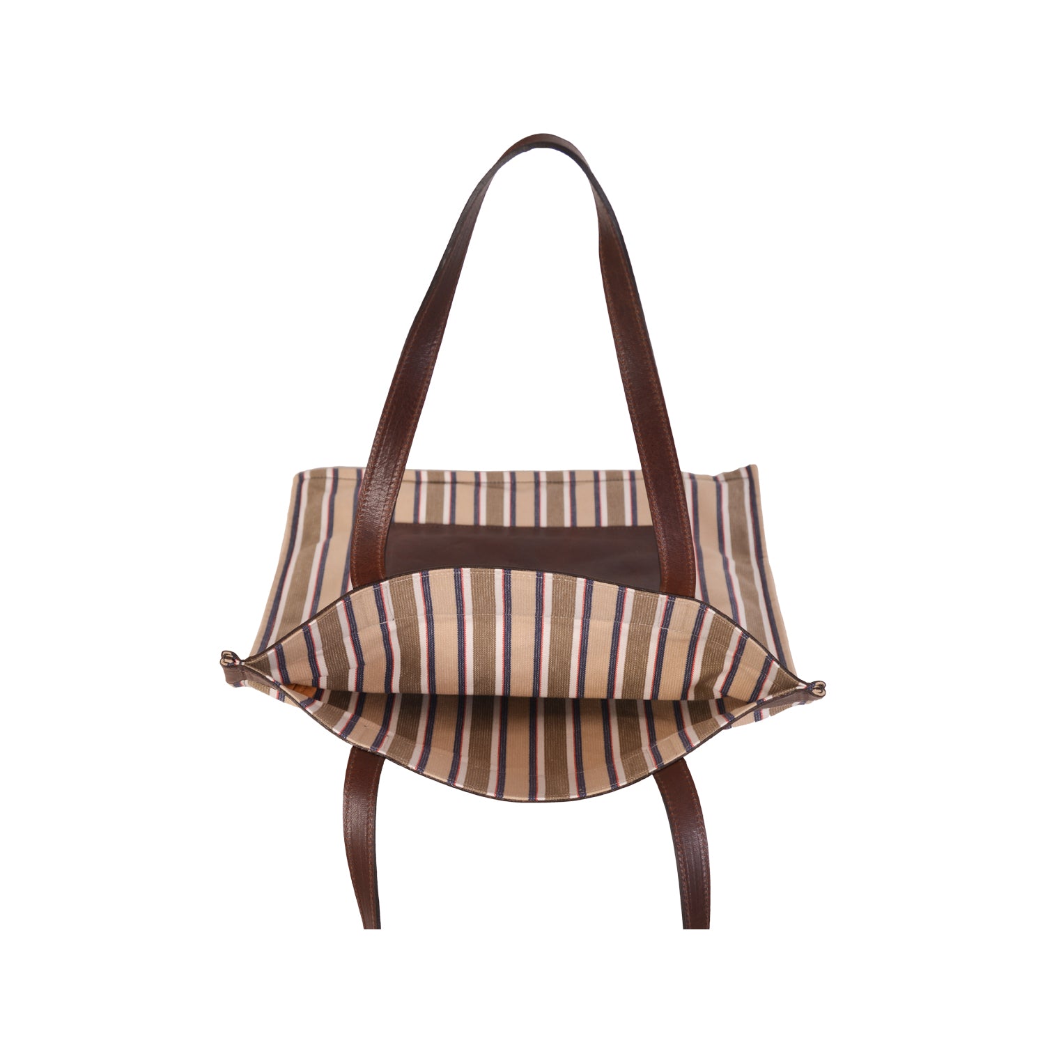 NEW IL BISONTE WOMEN'S FLAT TOTE BAG  IN BROWN STRIPED COTTON CANVAS