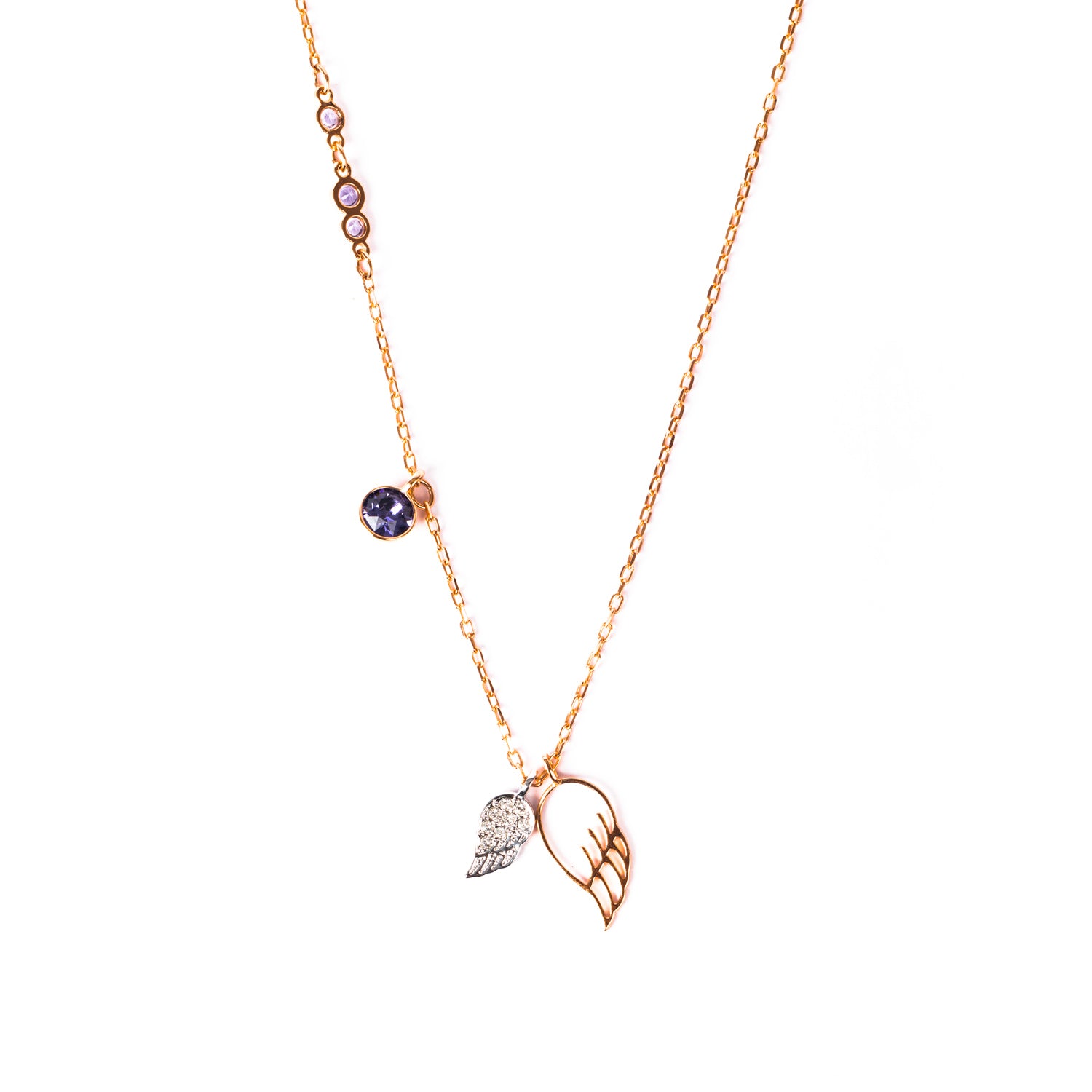 Long chain necklace with leaf charm pendants and violet Swarovski® crystal